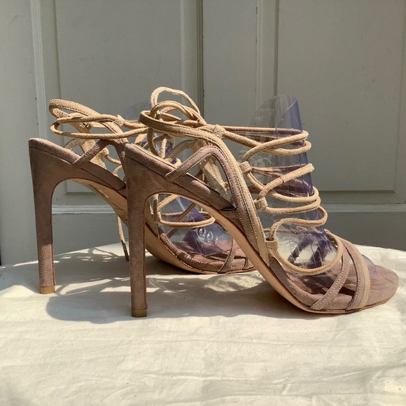 Stuart Weitzman High Heeled Lace Up Suede Sandals Tan/Cream SZ 9.5 - Picture 1 of 14